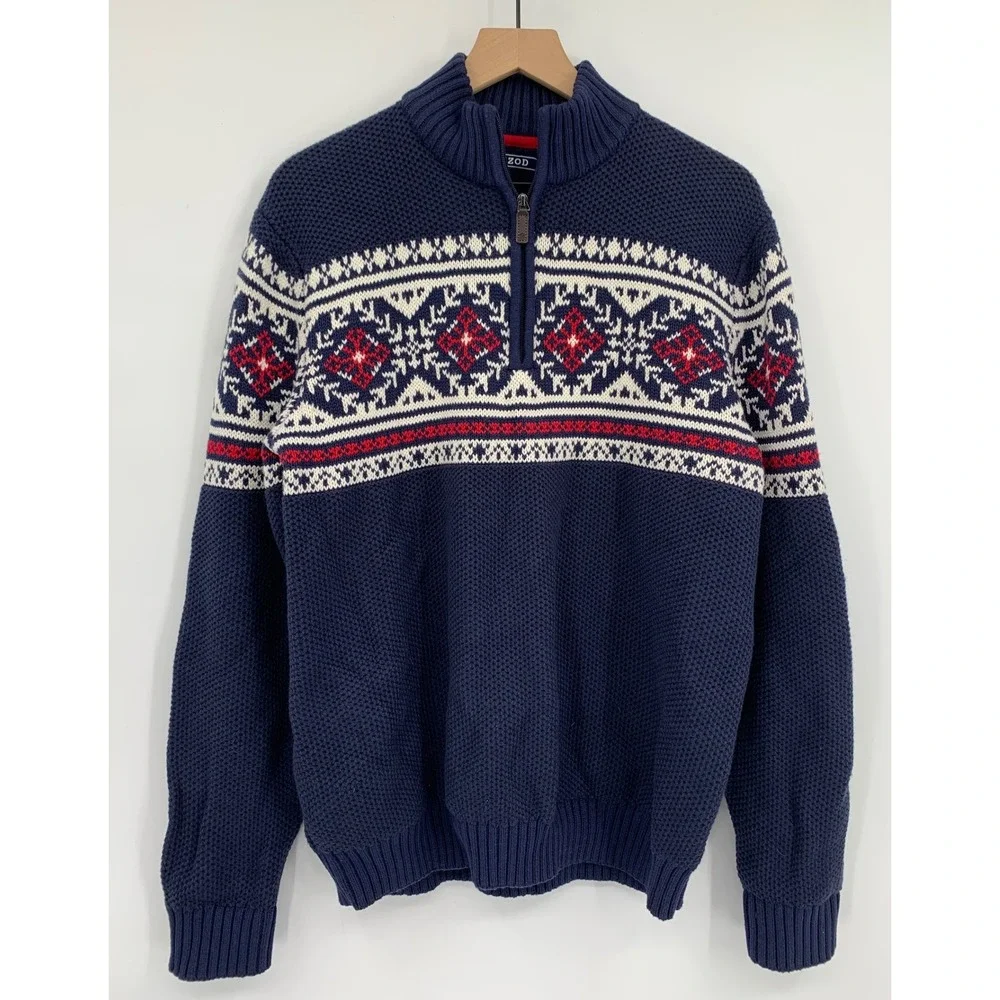 IZOD Sweater Mens XL Blue Red Nordic Fair Isle Thick Cotton Knit 1/4 Zip Ski